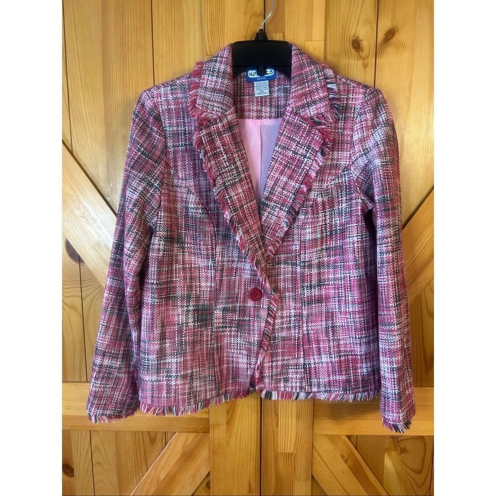 Vintage Notches Women’s Lined Pink Tweed Blazer Fringe Hem Size PS (5946)